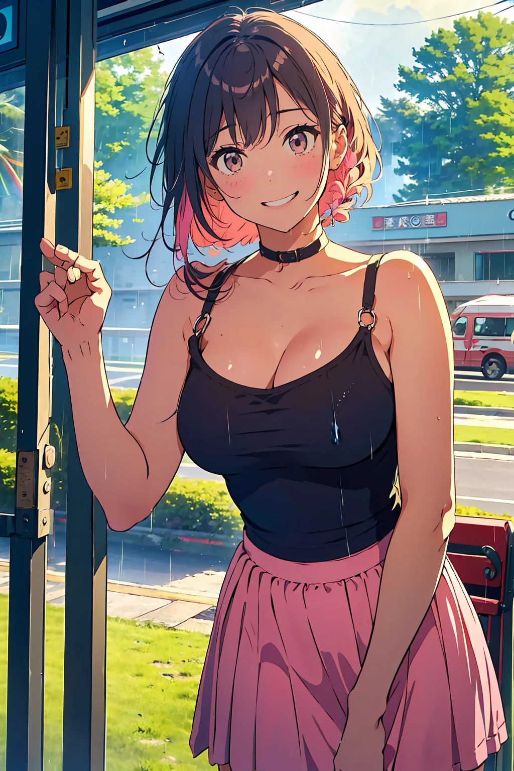 (a girl in summer clothes), pink, Camisole, random color, 25age, casual dress, making as if she wants to kiss you, (cute girl bending down looking at camera), large breasts, cleavage, random hair color, random background, Vivid Photos, flirtatious look, ((very detailed)), (perfectly detailed face), cute face,  (well detailed hand),  photorealistic image, bus stop, bench,countryside, ((rain, bus stopでrain宿り)), (rainbow, A sky with a rainbow), レトロなbus stop, (slouch), ((A refreshing smile)),