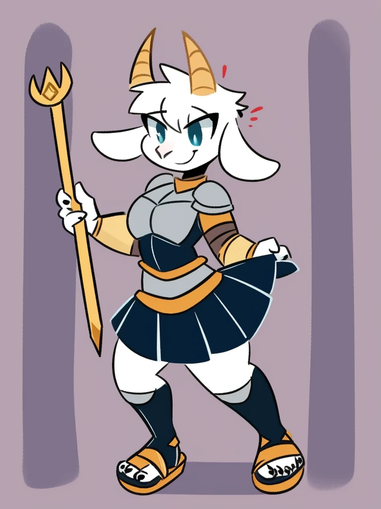 1girl, furry, furry_female, goat_ears, goat_girl, smile, solo, wearing leather armor, gladiator flat sandals, gladiator skirt, humanoid feet, holding sword, nosebleed,bloody nose