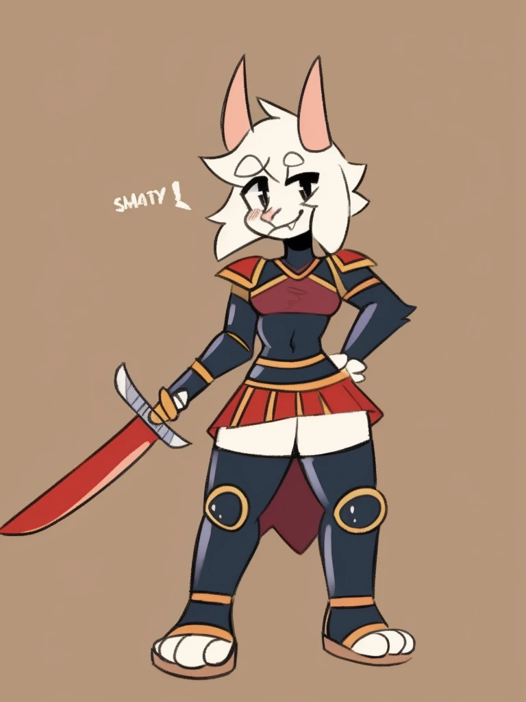1girl, furry, furry_female, goat_ears, goat_girl, smile, solo, wearing leather armor, gladiator flat sandals, gladiator skirt, humanoid feet, holding sword, nosebleed,bloody nose