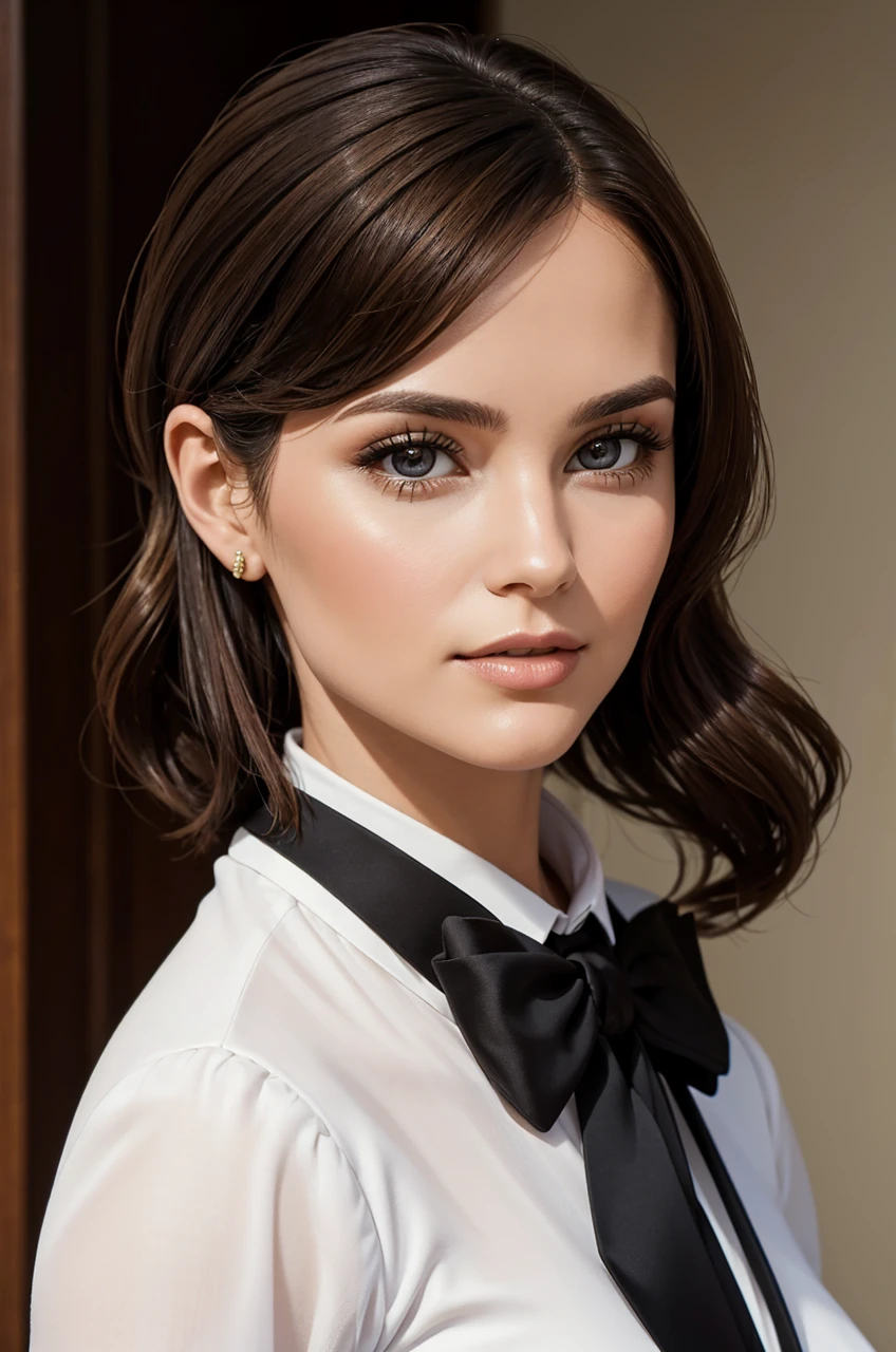 30 year old woman with brunette hair, wearing formal wear.