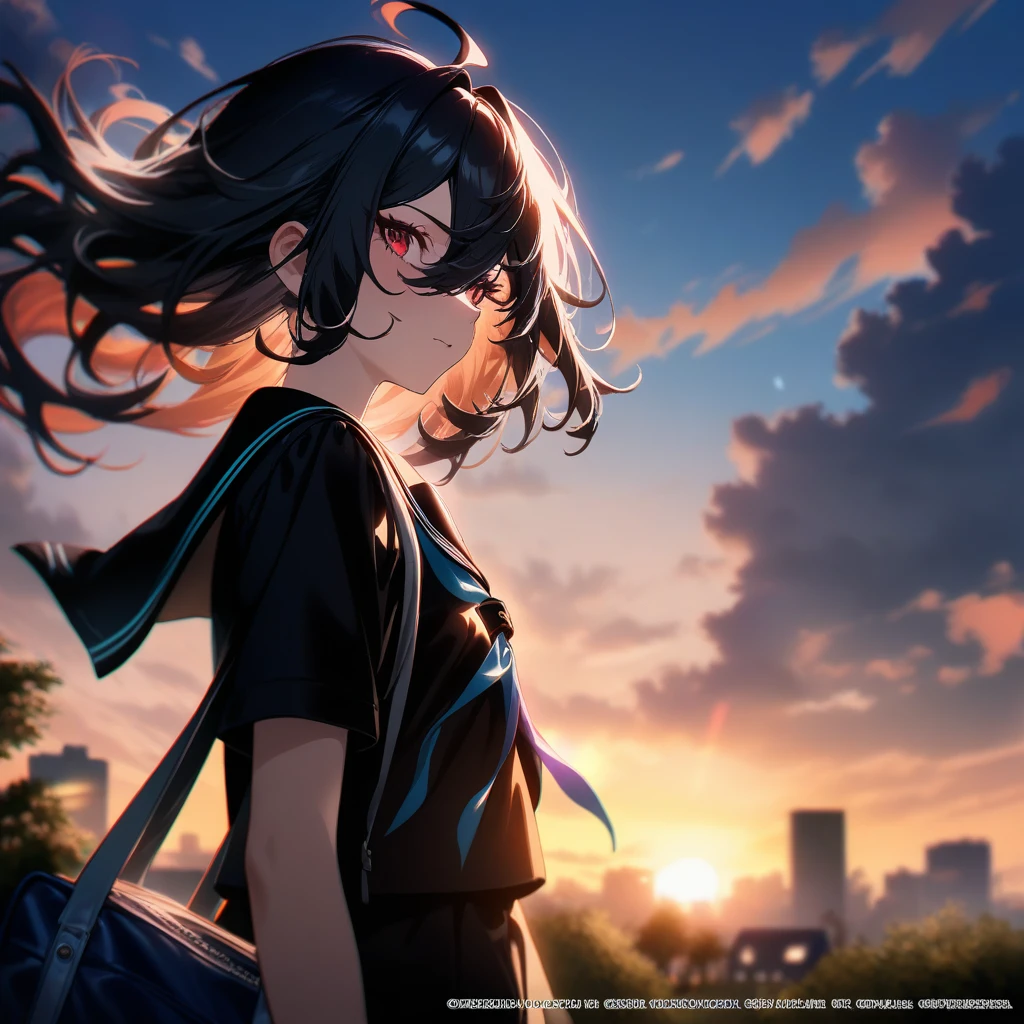 1girl, u u zan, absurdres, absurdres, official art, ahoge, backlighting, bag, black hair, black sailor collar, black shirt, blurry, building, cloud, from side, depth of field, evening, floating hair, grass, outdoors, red eyes, sailor collar, scenery, school bag, , shirt, short sleeves, sky, solo, sunset, tree, uniform, window, lens flaire, chromatic aberration, ((very aesthetic, best quality, ultra detailed)), new, newest