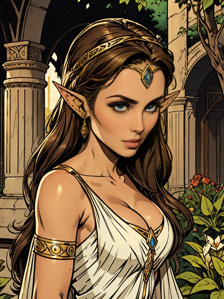 Extremely busty thin and toned brunette elf maiden, elegant woman, fair skin, loose updo, soft face, elf ears, athletic, see-through white dress, jewelry, bangles, gold accessories. detailed background, elvish garden, pavilion, elf city.