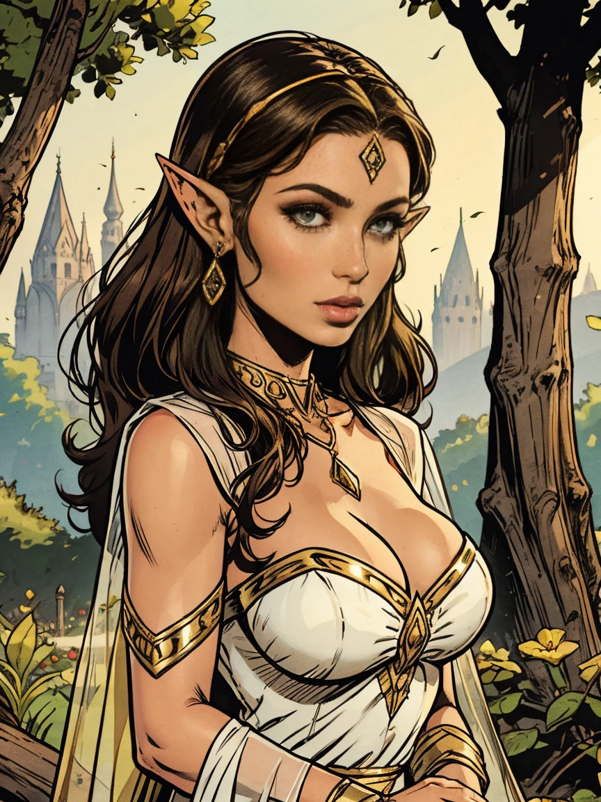 Extremely busty thin and toned brunette elf maiden, elegant woman, fair skin, loose updo, soft face, elf ears, athletic, see-through white dress, jewelry, bangles, gold accessories. detailed background, elvish garden, pavilion, elf city.