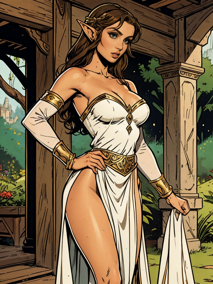 Extremely busty thin and toned brunette elf maiden, elegant woman, fair skin, loose updo, soft face, elf ears, athletic, see-through white dress, jewelry, bangles, gold accessories. detailed background, elvish garden, pavilion, elf city.