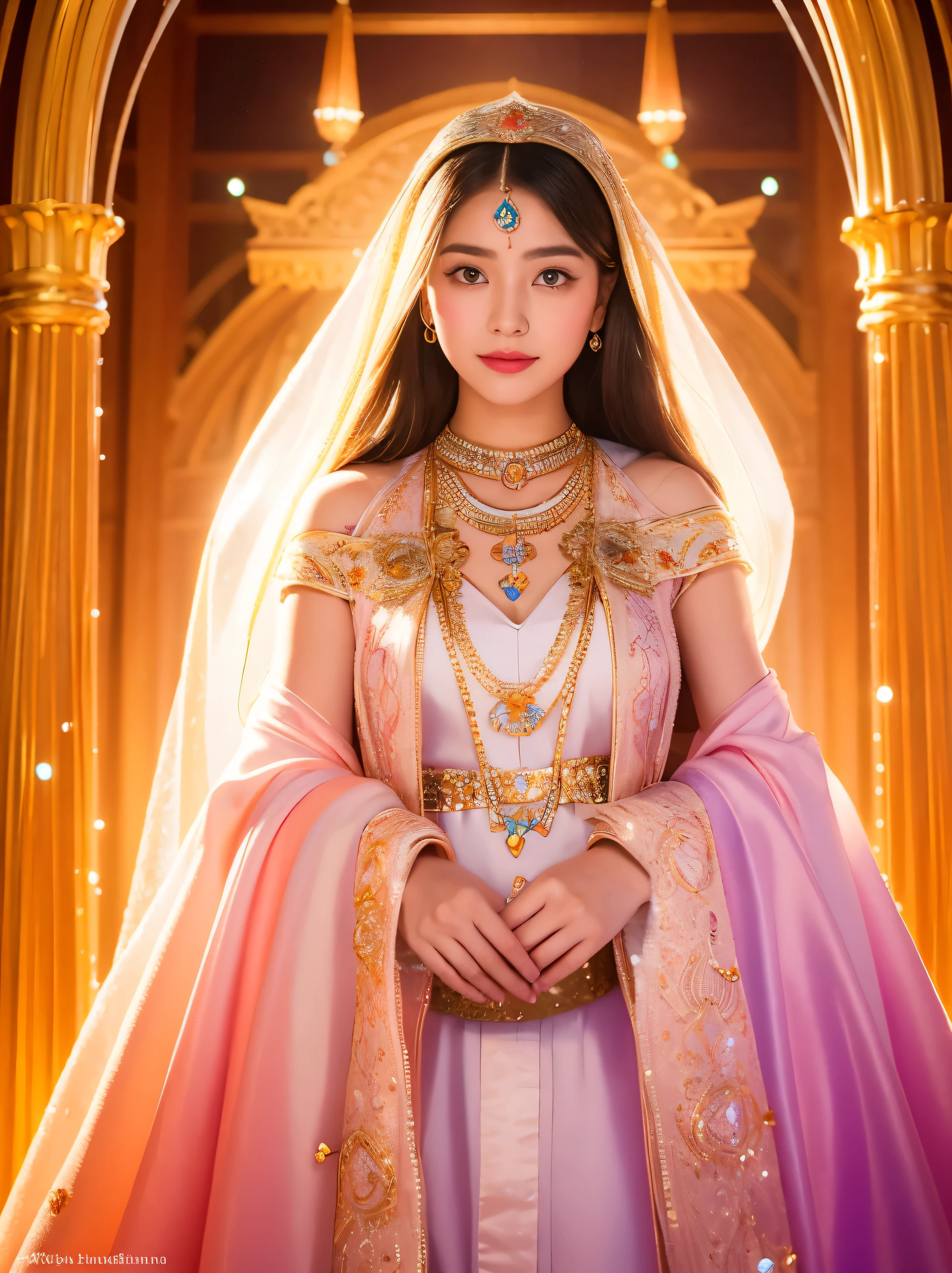 "Create a high-resolution, realistic image of a beautiful woman in her teens to twenties, dressed in spiritual attire. The background should be sparkling and glamorous to appeal to a young female audience."