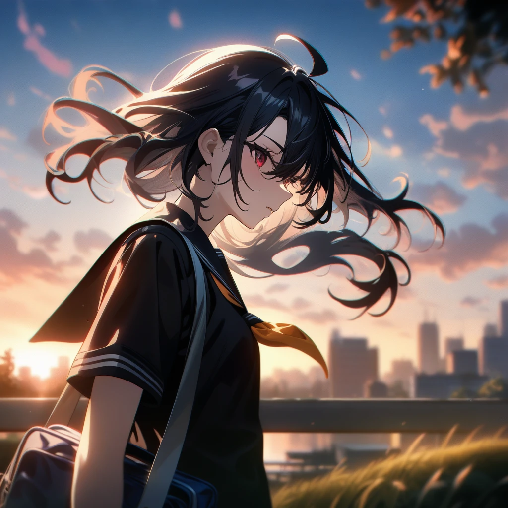 1girl, \u u zan\, absurdres, absurdres, official art, ahoge, backlighting, bag, black hair, black sailor collar, black shirt, blurry, building, cloud, from side, depth of field, evening, floating hair, grass, outdoors, red eyes, sailor collar, scenery, school bag, , shirt, short sleeves, sky, solo, sunset, tree, uniform, window, lens flaire, chromatic aberration, ((very aesthetic, best quality, ultra detailed)), new, newest
