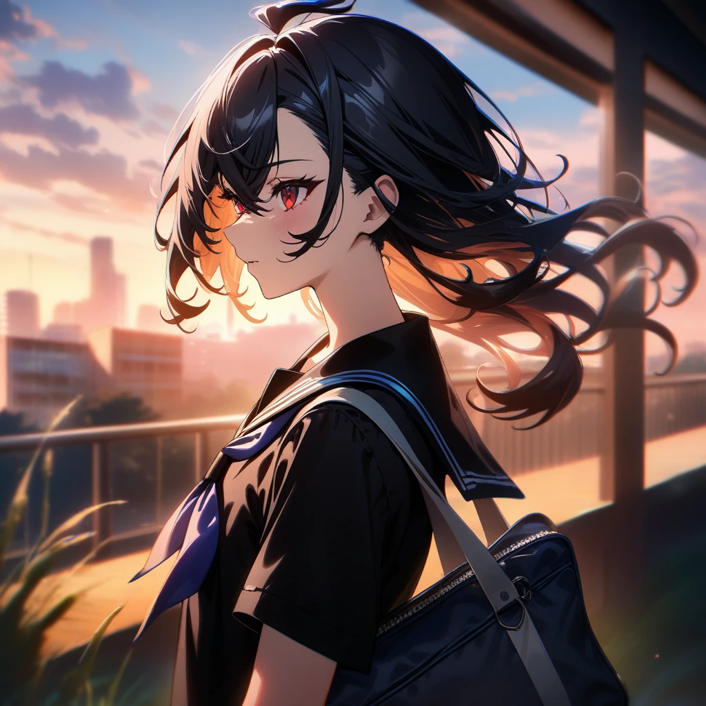 1girl, \u u zan\, absurdres, absurdres, official art, ahoge, backlighting, bag, black hair, black sailor collar, black shirt, blurry, building, cloud, from side, depth of field, evening, floating hair, grass, outdoors, red eyes, sailor collar, scenery, school bag, , shirt, short sleeves, sky, solo, sunset, tree, uniform, window, lens flaire, chromatic aberration, ((very aesthetic, best quality, ultra detailed)), new, newest