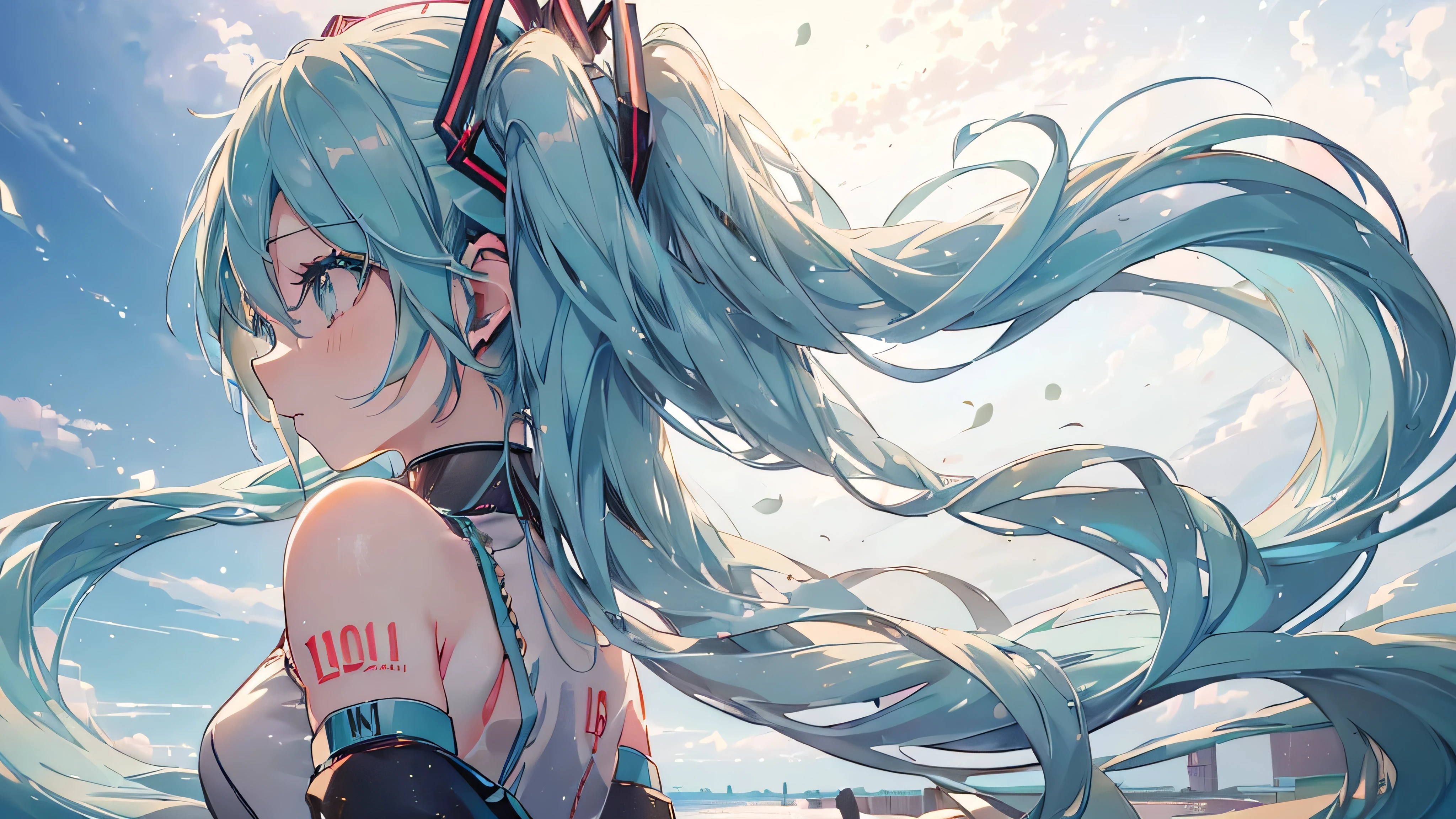 ((Asahi), ((Beautiful eyes)), (((Hatsune Miku))), (((Highest quality、masterpiece、Ultra-fine、Ultra-fine、Exquisite、16K、Full HD,))) 、(((profile、look back))),Long eyelashes、White skin、(thin and long)、 ((cute)) ((One person)) 、