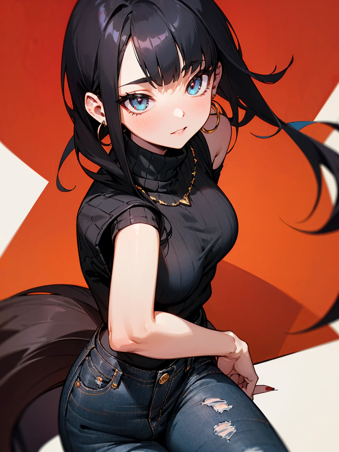 ((Long Straight Black hair)), Perfect face, Choker, Punk earrings, ((Tall)), ((High Quality)), Necklace, ((Mature)), Pretty Eyes, Sharp Nails, Bangs, ((1 Girl)), Hot, ((Multiple Earrings)), 1 girl, Beautiful, Sexy, Spiky Earrings, Adult, Spiked Collar, Thin Eyelashes, Plain Background, Red Colors in Background, Lewd, Orgasmic, Horny, Cat Girl, Long Tail, Large Tail, Massive Tail, Black Tail, ((Black Jeans)), ((Black Turtleneck Sweater)), Thick Thighs, Close Up,