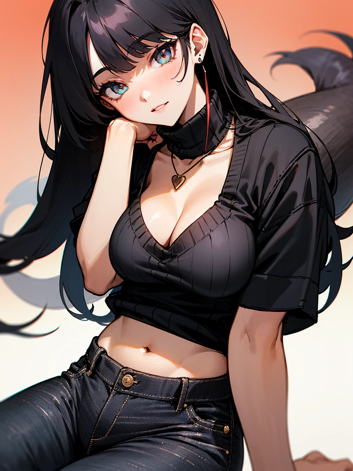 ((Long Straight Black hair)), Perfect face, Choker, Punk earrings, ((Tall)), ((High Quality)), Necklace, ((Mature)), Pretty Eyes, Sharp Nails, Bangs, ((1 Girl)), Hot, ((Multiple Earrings)), 1 girl, Beautiful, Sexy, Spiky Earrings, Adult, Spiked Collar, Thin Eyelashes, Plain Background, Red Colors in Background, Lewd, Orgasmic, Horny, Cat Girl, Long Tail, Large Tail, Massive Tail, Black Tail, ((Black Jeans)), ((Black Turtleneck Sweater)), Thick Thighs, Close Up,