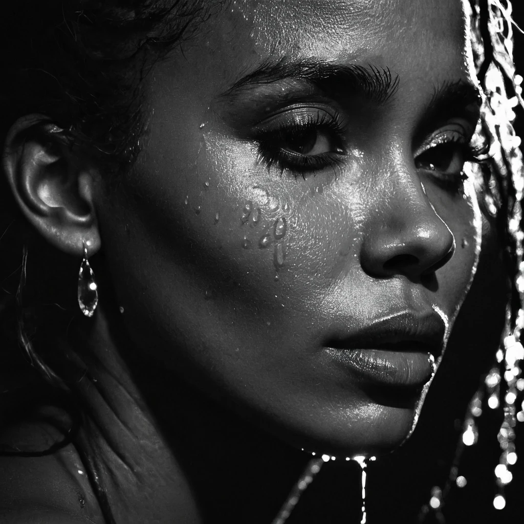 a beautiful black girl with crying a water teardrop running down her face and a black background, light falling on face, noir photorealism, mysterious portrait of a woman, chiaroscuro portrait, grainy black and white photo. close up on side profile, halle berry, zoe kravitz