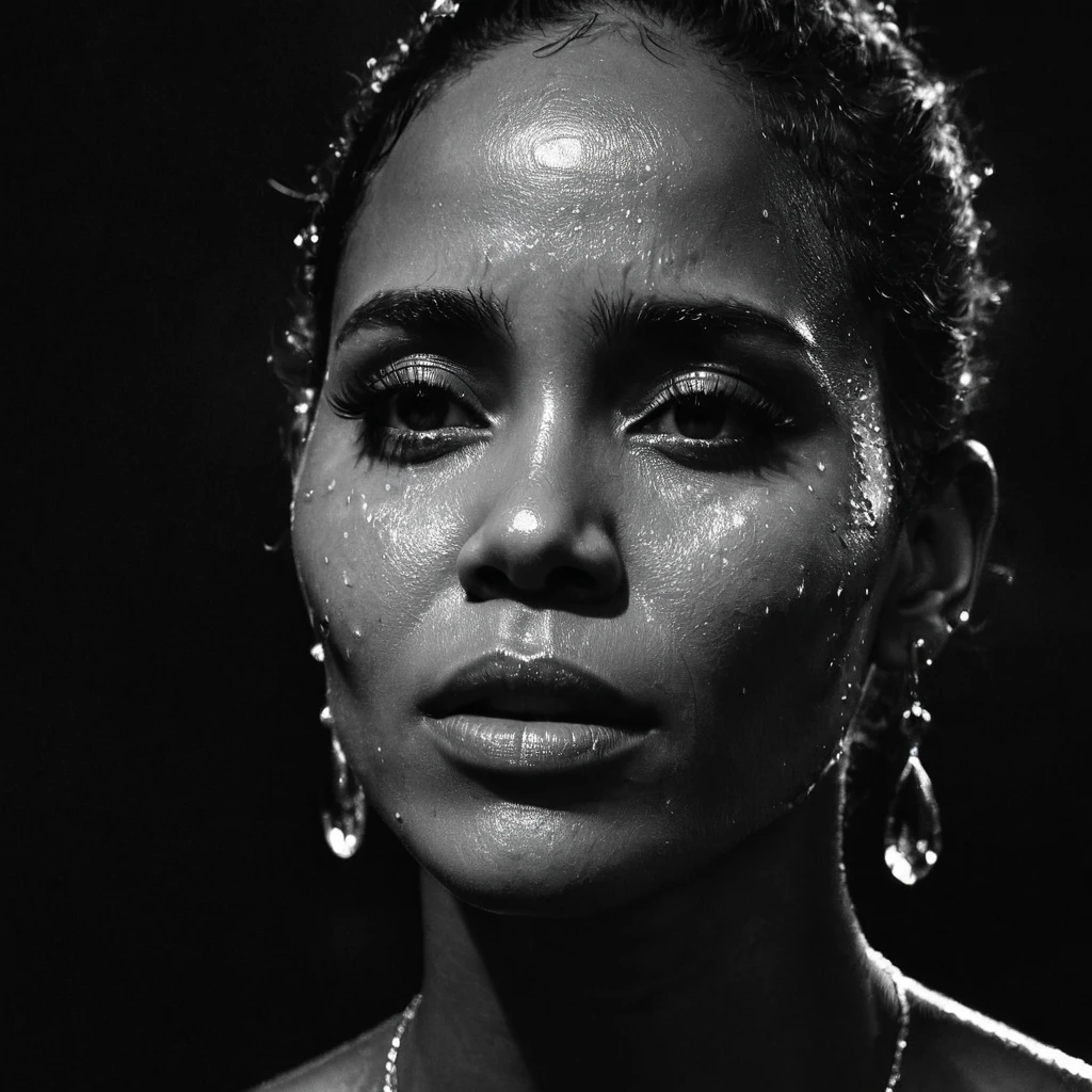 a beautiful black girl with crying a water teardrop running down her face and a black background, light falling on face, noir photorealism, mysterious portrait of a woman, chiaroscuro portrait, grainy black and white photo. close up on side profile, halle berry, zoe kravitz