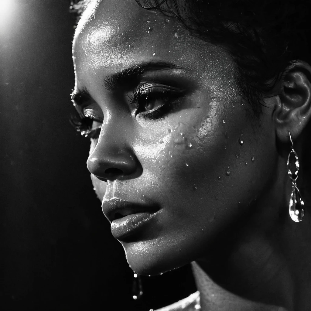 a beautiful black girl with crying a water teardrop running down her face and a black background, light falling on face, noir photorealism, mysterious portrait of a woman, chiaroscuro portrait, grainy black and white photo. close up on side profile, halle berry, zoe kravitz