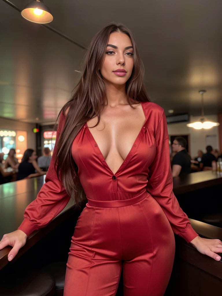Sexy tall dark hair brunette, slightly wavy hair, 175cm tall, perfect body, in a pink red jumpsuit that accentuates her figure, standing against an urban cityscape backdrop, with a captivating smile and a seductive gaze, raw photo, realistic UHD, 8k, realistic skin shadows, realistic skin texture, playboy photoshoot, viki odintcova, sexy and slight;y erotic, playboy photoshoot