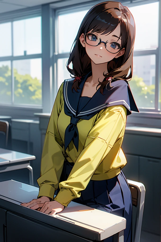 teacher anime, glasses, in a class, young female