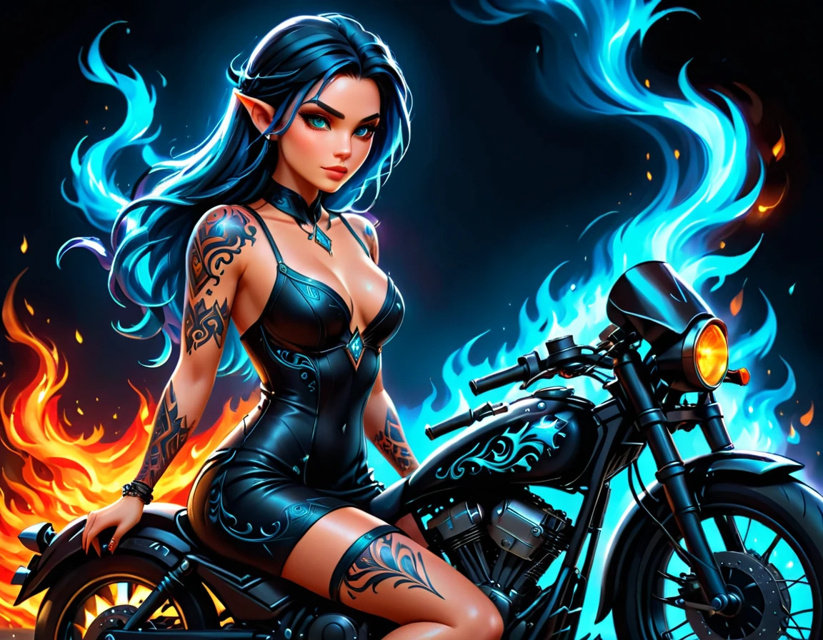 Arafed, Dark fantasy art, fantasy art, goth art, a picture of a of a tattooed female elf near her motorcycle (masterwork, best detailed, ultra detail: 1.5) the tattoo is vivid, intricate detailed coming to life from the ink to real life, GlowingRunesAI_paleblue, ((fire surrounds the motorcycle: 1.5)), ultra feminine, ((beautiful delicate face)), Ultra Detailed Face, small pointed ears, dynamic angle, ((the back is visible: 1.3), she wears a transparent black dress, the dress is elegant, flowing, elven style, that the tattoos glow, dynamic hair color, dynamic hair style, high details, best quality, 16k, [ultra detailed], masterpiece, best quality, (extremely detailed), dynamic angle, full body shot, faize, drkfntasy, Digital Painting, Intense gaze