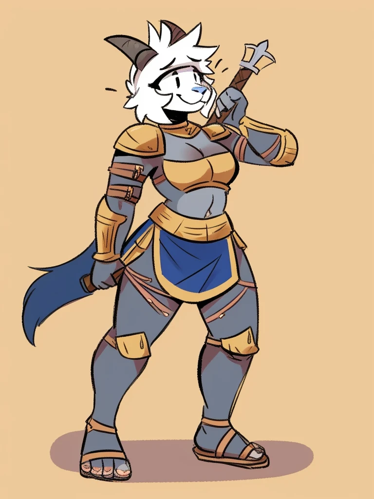 1girl, furry, furry_female, goat_ears, goat_girl, smile, solo, wearing  armor, gladiator flat sandals, gladiator skirt, humanoid feet, holding sword, nosebleed,bloody nose