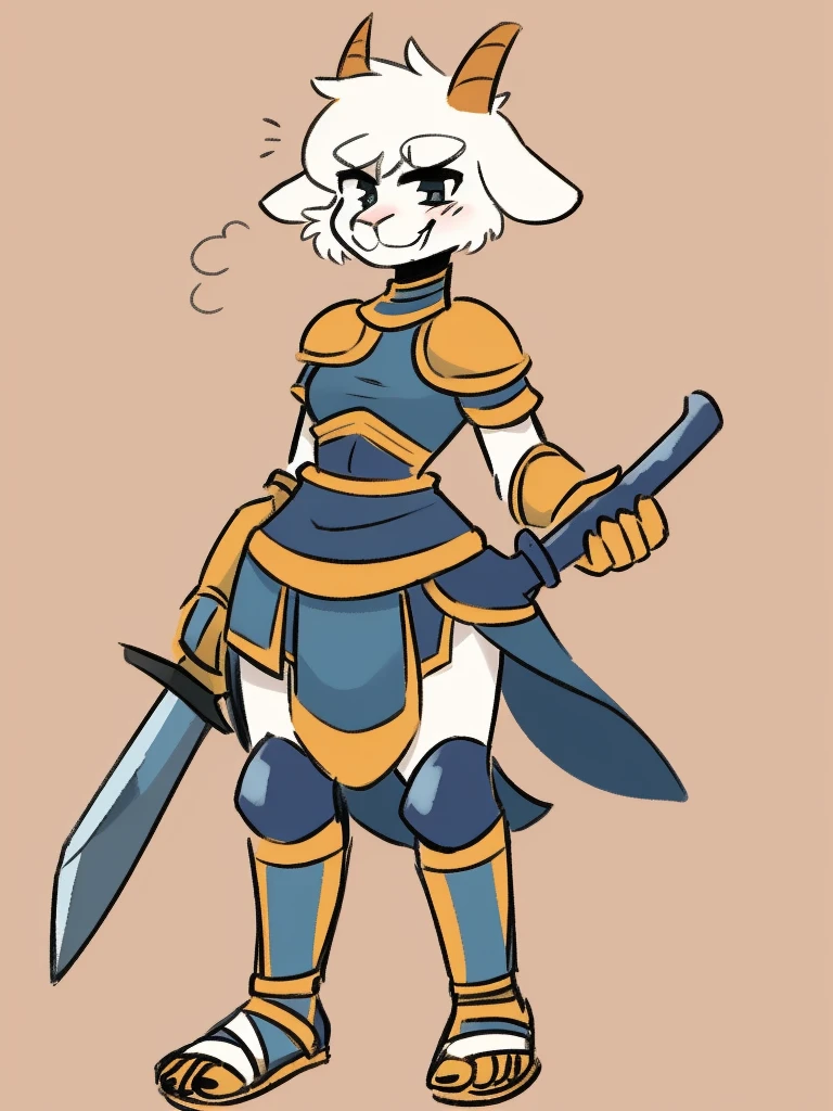1girl, furry, furry_female, goat_ears, goat_girl, smile, solo, wearing armor, gladiator flat sandals, gladiator skirt, humanoid feet, holding sword, nosebleed,bloody nose