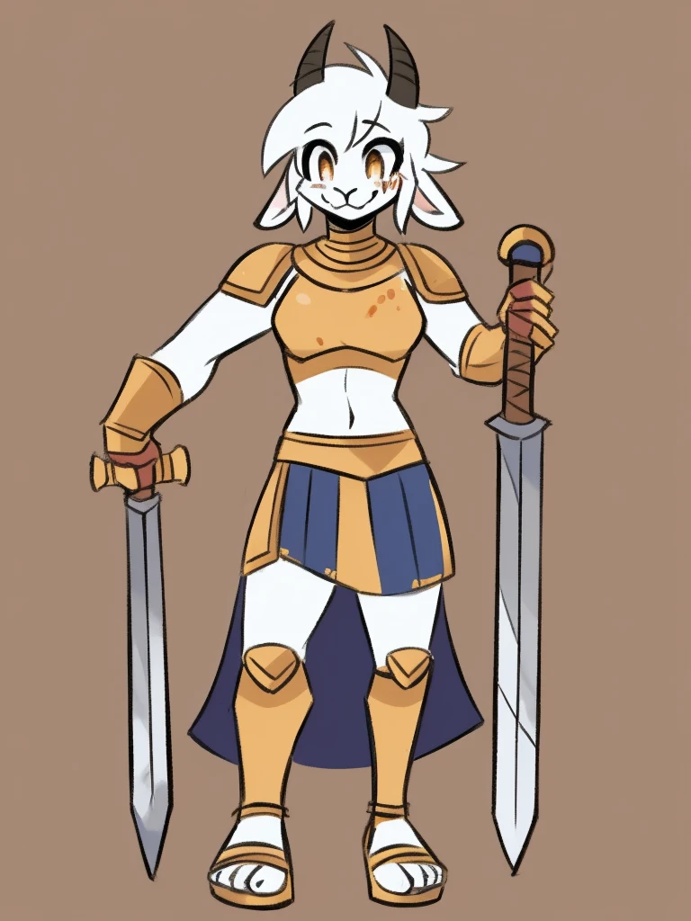 1girl, furry, furry_female, goat_ears, goat_girl, smile, solo, wearing  armor, gladiator flat sandals, gladiator skirt, humanoid feet, holding sword, nosebleed,bloody nose