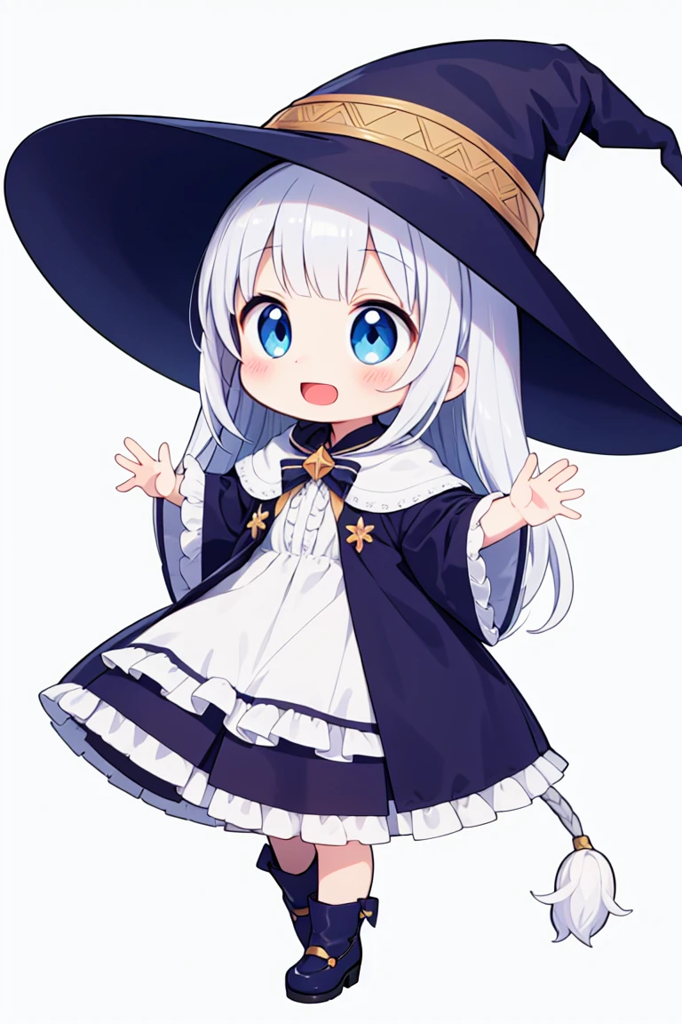 chibi, flat color, solo, full body, five fingers, cute, (highest quality), blue eye, long hair, white hair, white wizard frilled dress, witch hat, Beam with laughter, open mouth, ((white background)), (masterpiece)