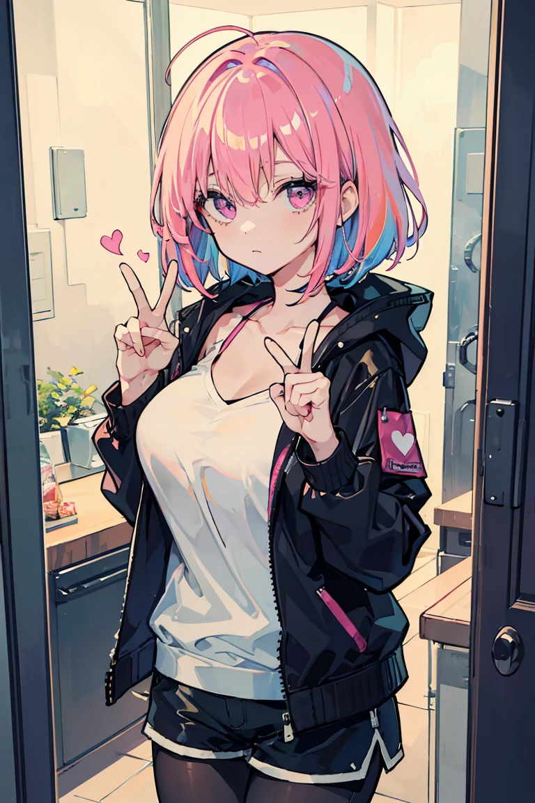 peace sign, 1 Girl, Big Breasts 1.3, Colorful clothes, Pink Hair, Short Bob, Jacket, Open chest , Shorts, pantyhose, clear, curt, Light purple eyes, ((Heart Eyes)), Noticed, Pop Background,16 years old, Colorful Hair, Messy Hair, tonality, Romanticism, modern art, Impressionism, reflected light, 8K, masterpiece, Advanced Details, Highest quality, Only 5 fingers, Accurate anatomy