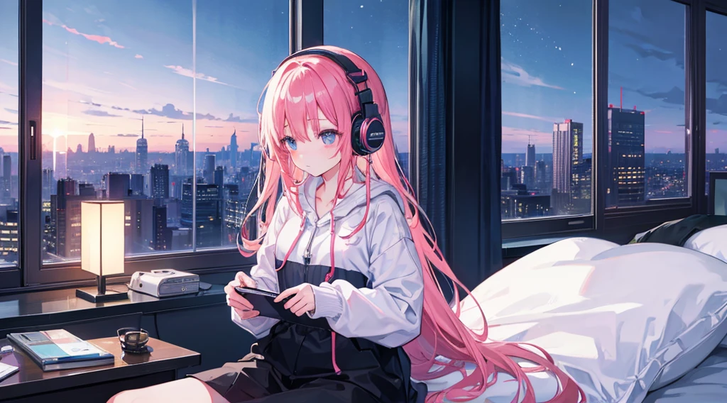 Late Night、Girl studying in room、Listening to music through headphones、Skyscrapers outside the window、Calm、Healing