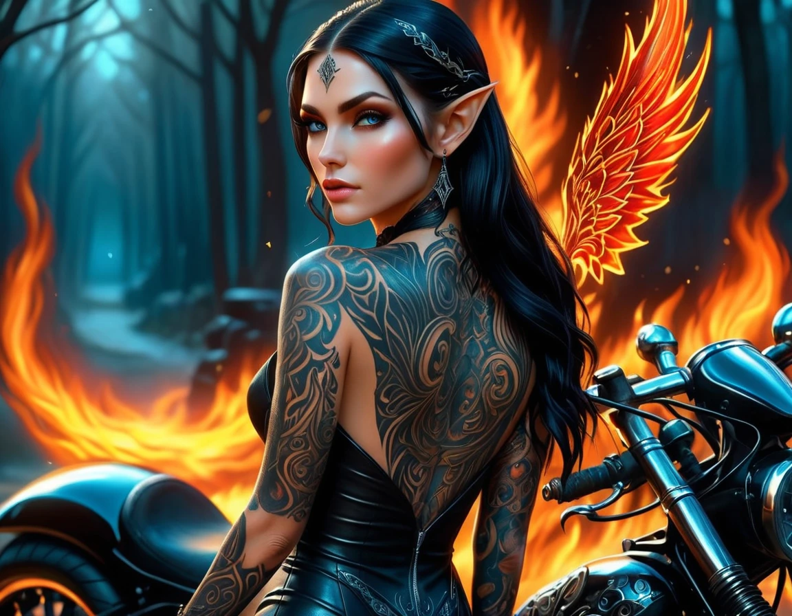 Arafed, Dark fantasy art, fantasy art, goth art, a picture of a of a tattooed female elf near her motorcycle (masterwork, best detailed, ultra detail: 1.5) the tattoo is vivid, intricate detailed coming to life from the ink to real life, GlowingRunesAI_paleblue, ((fire surrounds the motorcycle: 1.5)), ultra feminine, ((beautiful delicate face)), Ultra Detailed Face, small pointed ears, dynamic angle, ((the back is visible: 1.3), she wears a transparent black dress, the dress is elegant, flowing, elven style, that the tattoos glow, dynamic hair color, dynamic hair style, high details, best quality, 16k, [ultra detailed], masterpiece, best quality, (extremely detailed), dynamic angle, full body shot, faize, drkfntasy, Digital Painting, Intense gaze