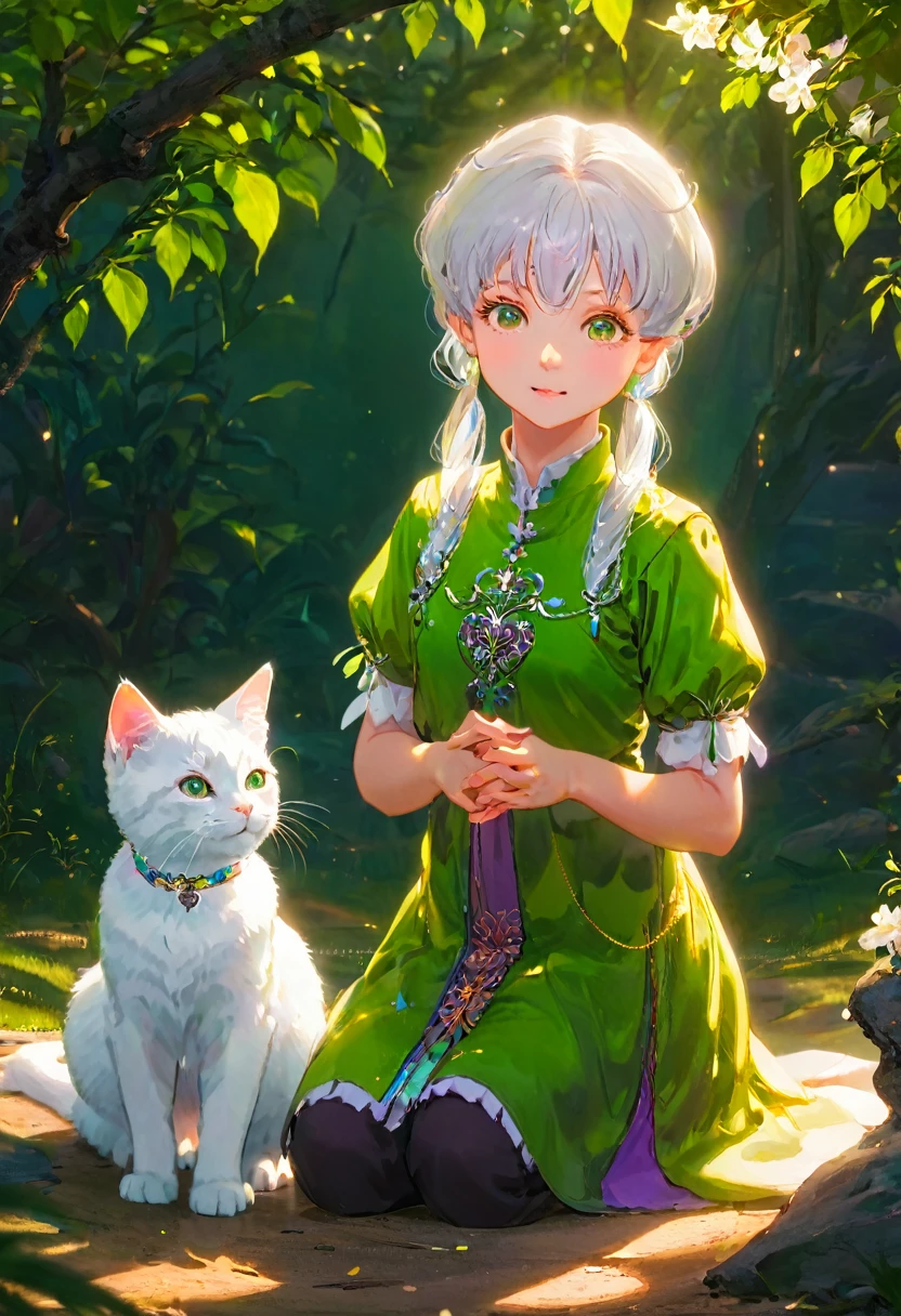 Faris Style, alone, hair ornaments, close your eyes, flower, wing, horn, Cat, white Cat, Dragon-Cat, hair flower, No humans, gem, Dragon, scale, eastern Dragon, Movie angle, Cinema Lighting, Shorthand, Depth of written boundary, Detailed Background, masterpiece, highest quality , Official Art ,