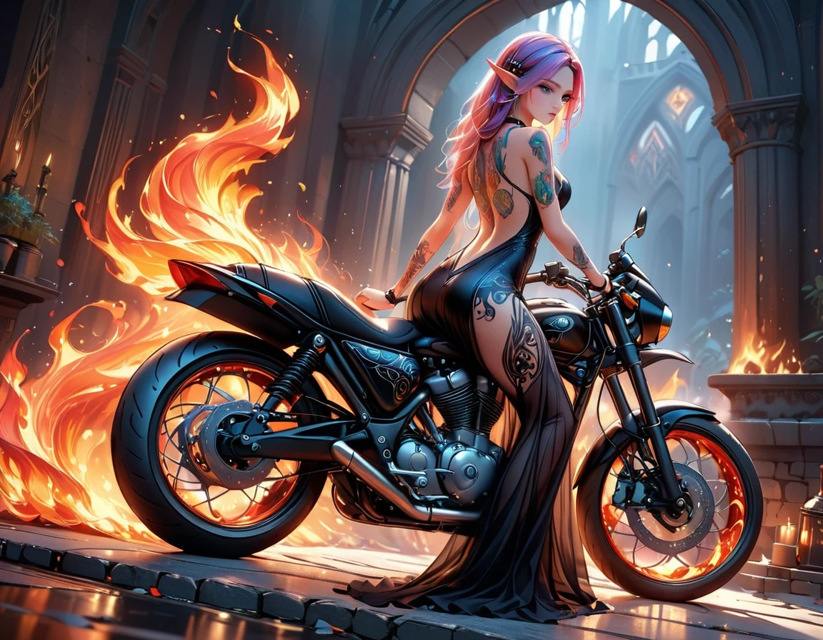 Arafed, Dark fantasy art, fantasy art, goth art, a picture of a of a tattooed female elf near her motorcycle (masterwork, best detailed, ultra detail: 1.5) the tattoo is vivid, intricate detailed coming to life from the ink to real life, GlowingRunesAI_paleblue, ((fire surrounds the motorcycle: 1.5)), ultra feminine, ((beautiful delicate face)), Ultra Detailed Face, small pointed ears, dynamic angle, ((the back is visible: 1.3), she wears a transparent black dress, the dress is elegant, flowing, elven style, that the tattoos glow, dynamic hair color, dynamic hair style, high details, best quality, 16k, [ultra detailed], masterpiece, best quality, (extremely detailed), dynamic angle, full body shot, faize, drkfntasy, Digital Painting, Intense gaze