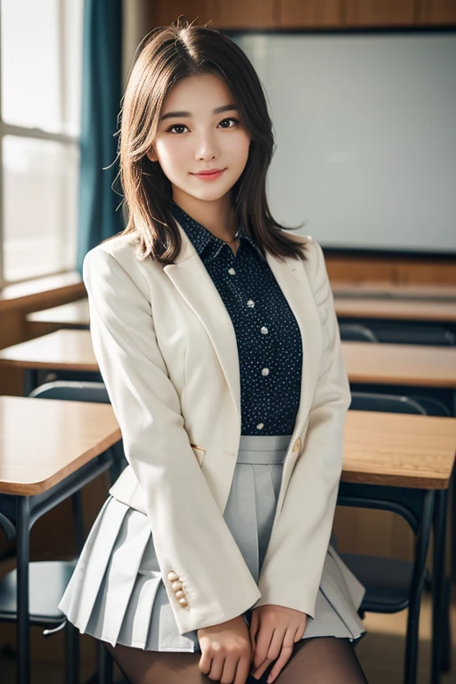 (a beautiful 20-year-old Chinese college girl, posing in college classroom setting, wearing a white blazer uniform, white pleated mini-skirt, black pantyhose, canvas shoes. She has a perfect body, ample round bosom, delicate skin, delicate and intricate facial features, large eyes, beautiful lips, dimpled smile, long eyelashes, short hair, pure, kind, innocent expression. high-quality, photorealistic, 8K RAW photograph, cinematic lighting, depth of field, lens flare effects, the Cowboy Shot. The overall tone is one of beauty, purity, and youthful desire.)