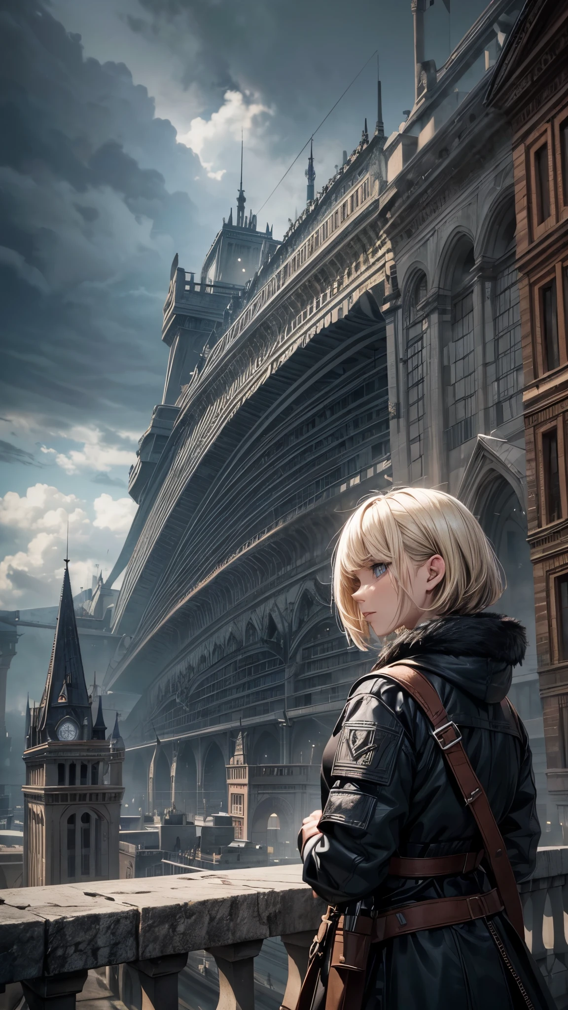 a_huge_walled_city,cloudy_atmosphere,terrifying_monsters,dark_fantasy,cinematic_lighting,moody_colors,dramatic_composition,intricate_details,highly_detailed,8k_resolution,photorealistic,hyper_realistic,masterpiece,One 20 years old woman ,short blonde hair,she’s walking the city.