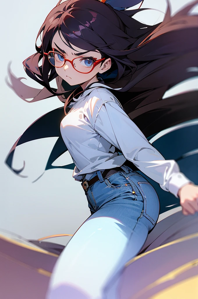 teacher, anime, glasses, in a class, young female, serious face, white shirt, jacket, jeans