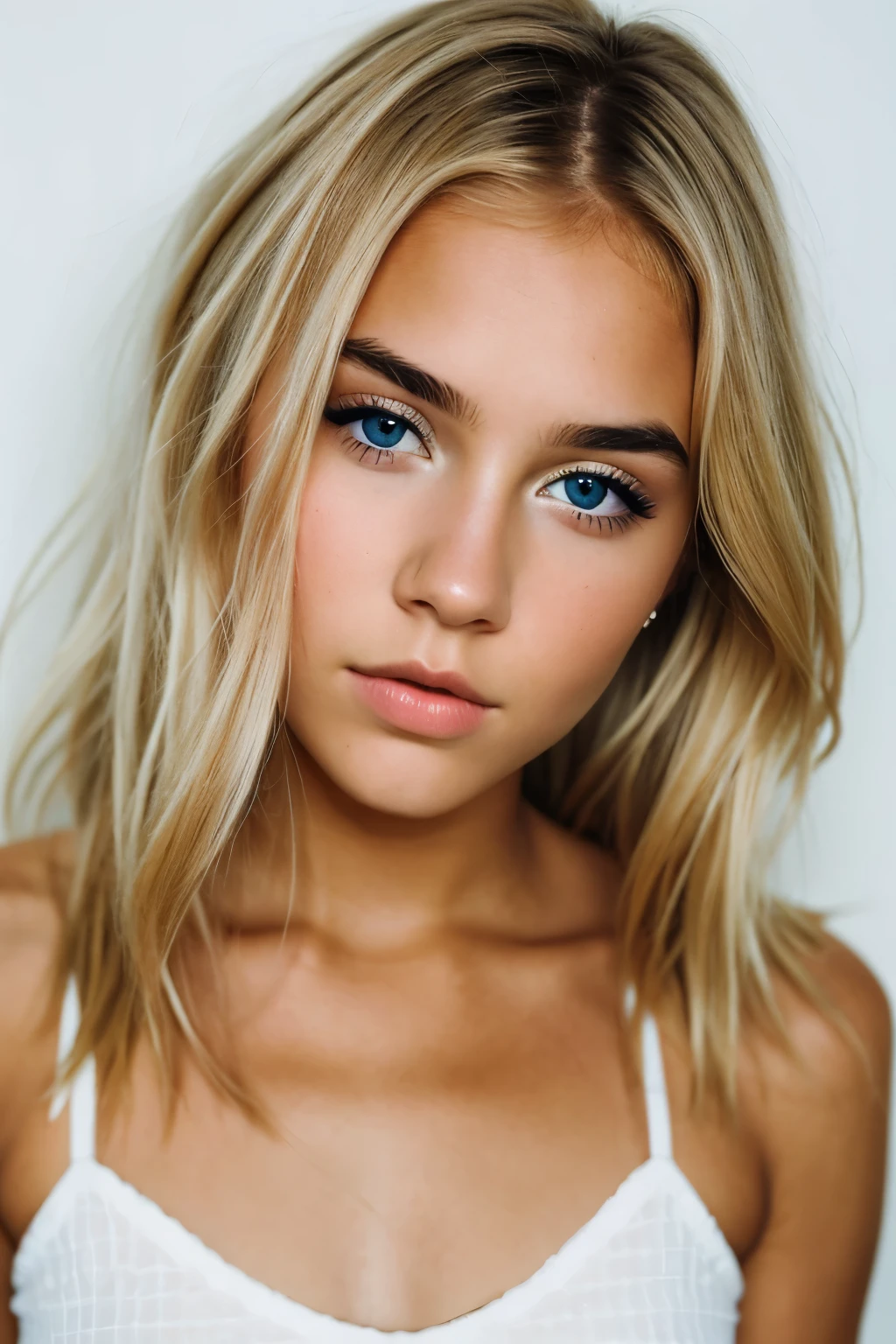 Photo of a girl with blond hair half up, blue eyes, black eyebrows, textured skin