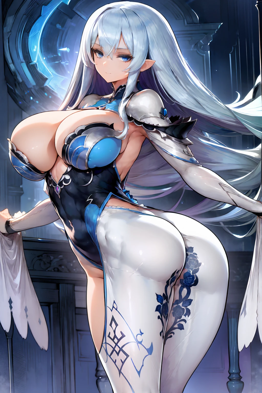 (((1 woman))), ((detailed blue eyes)), ((long silver hair)), large breasts, perfectly drawn body, seductive smile, white dress, adorned with blue roses, perfect butt, rear view, backside view, best quality, masterpiece, ultra-detailed