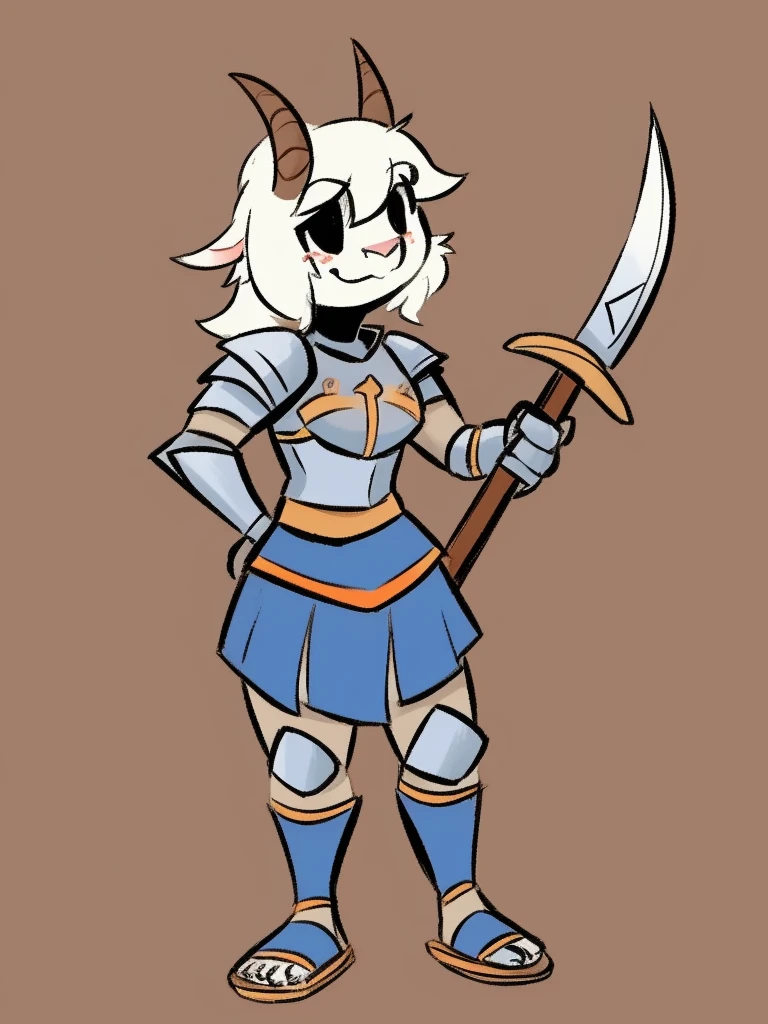 1girl, furry, furry_female, goat_ears, goat_girl, smile, solo, wearing  armor, gladiator flat sandals, gladiator skirt, humanoid feet, holding sword, nosebleed,bloody nose