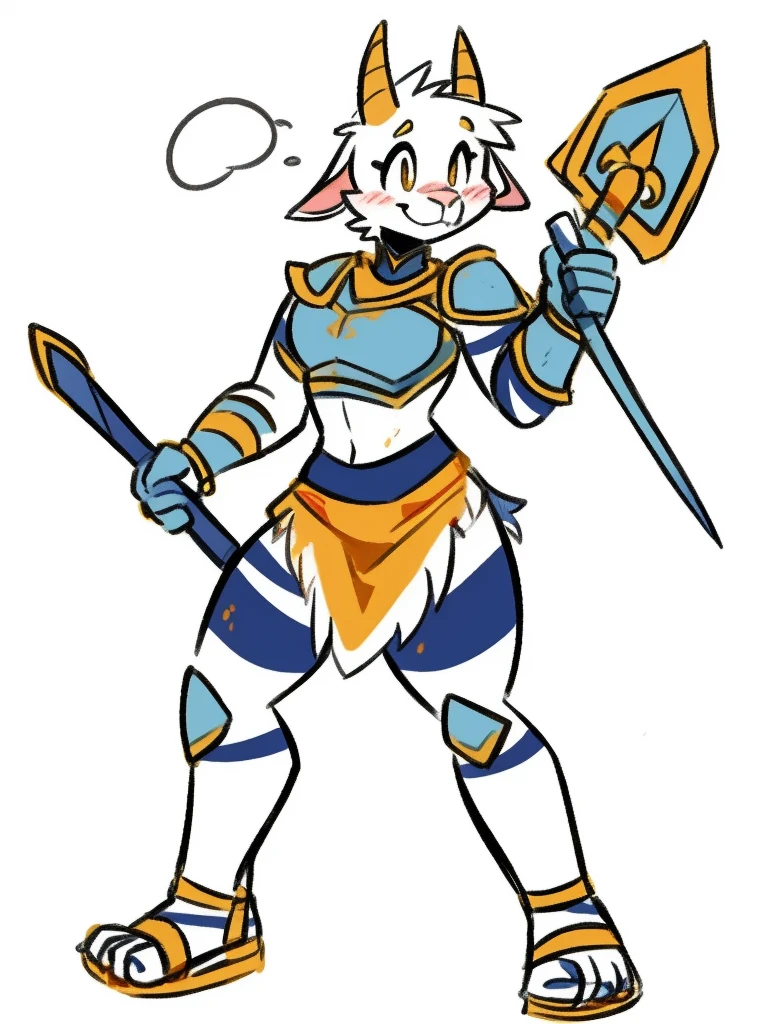 1girl, furry, furry_female, goat_ears, goat_girl, smile, solo, wearing armor, gladiator flat sandals, gladiator skirt, humanoid feet, holding sword, nosebleed,bloody nose