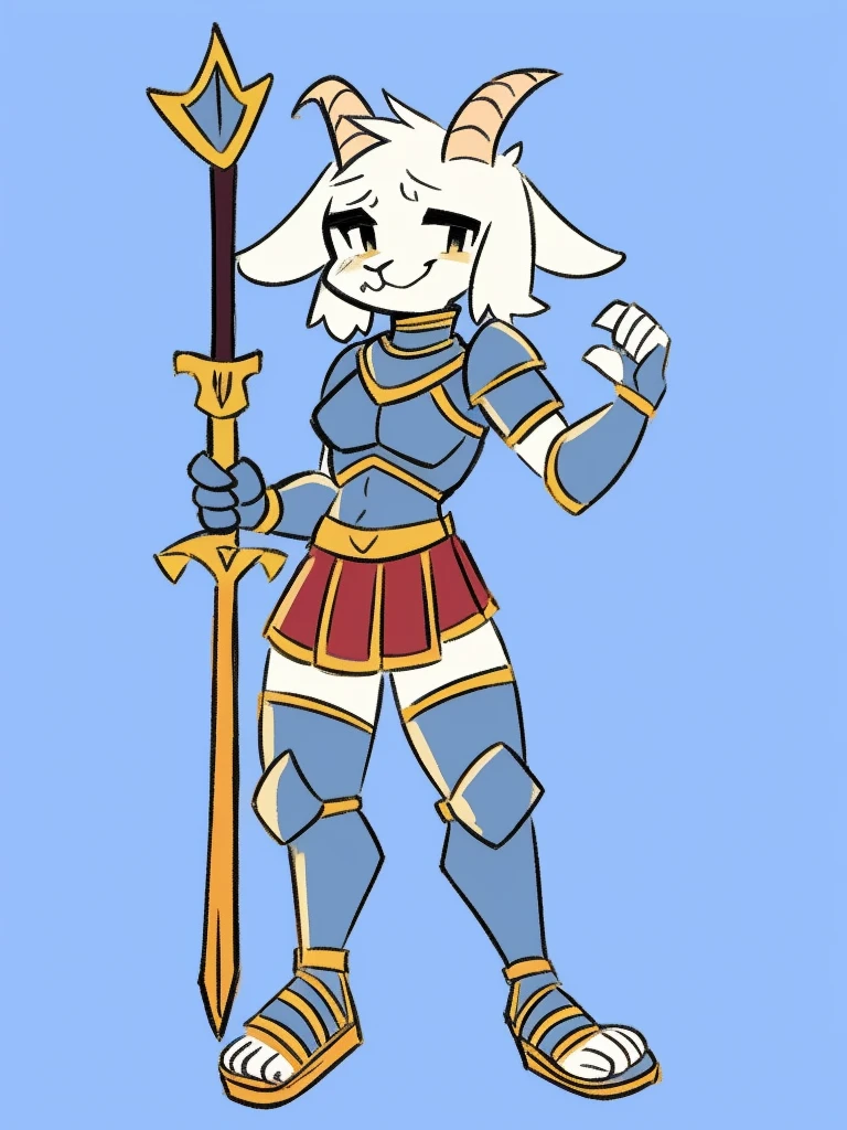 1girl, furry, furry_female, goat_ears, goat_girl, smile, solo, wearing  armor, gladiator flat sandals, gladiator skirt, humanoid feet, holding sword, nosebleed,bloody nose