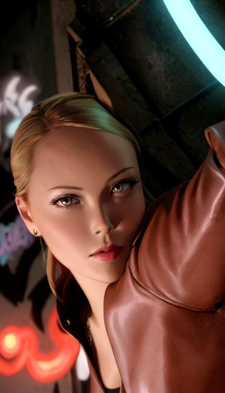 Blonde woman in leather jacket leaning against a wall with a neon light, Kristanna Loken, doom beautiful face,
