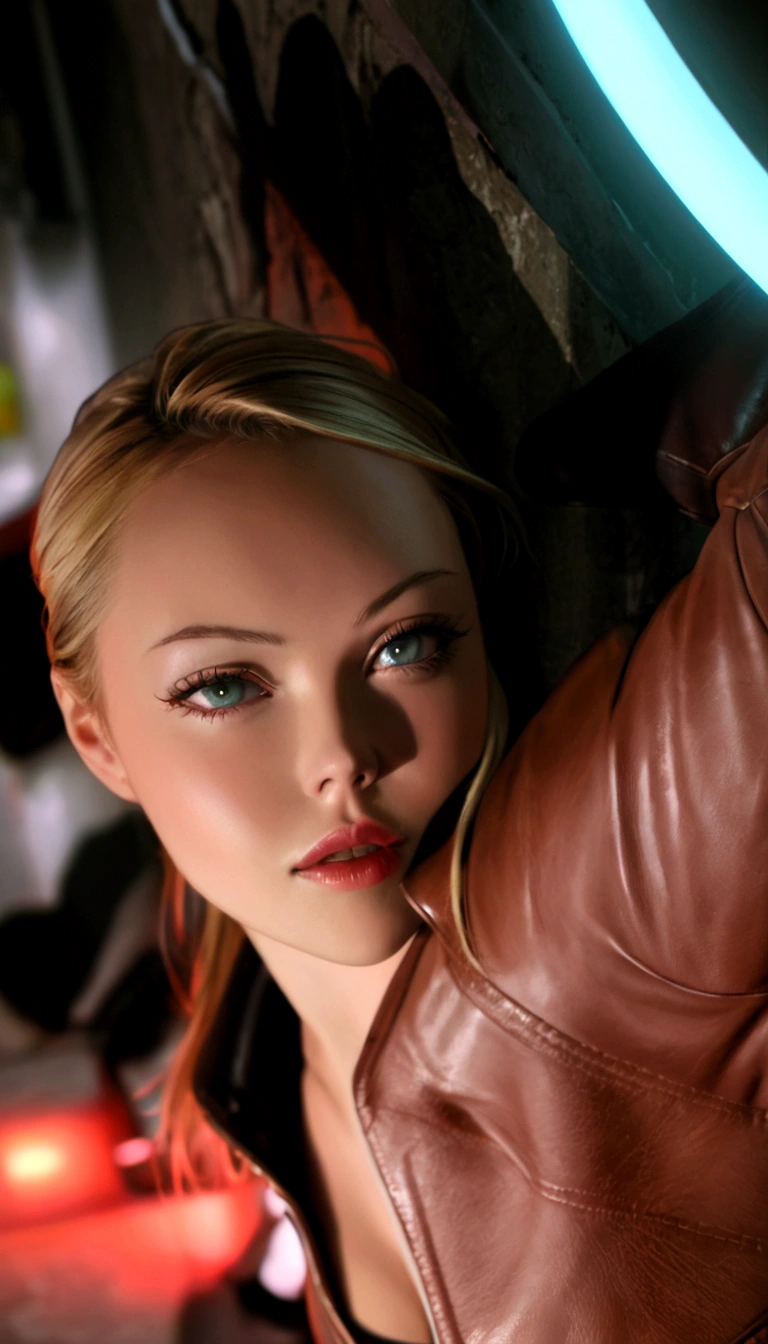 Blonde woman in leather jacket leaning against a wall with a neon light, Kristanna Loken, doom beautiful face,