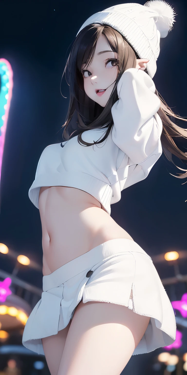 Panty exposure、Thigh Emphasis、wear a white knit hat, She lifts her miniskirt to show off her panties((Highest quality))Face Real、(1. Glowing Skin.4)Extreme close-up from below(((sexy)))((masterpiece)、(1. Glowing Skin.1.4)Thigh Emphasis、((Amusement park at night、))、(((-yeld gi))'、((Wearing a red tank top))(Wearing a thin, Tight mini skirt、)(Wearing grey panties)Black bob hair、sexy pose、、Breast enlargement、(Various poses)