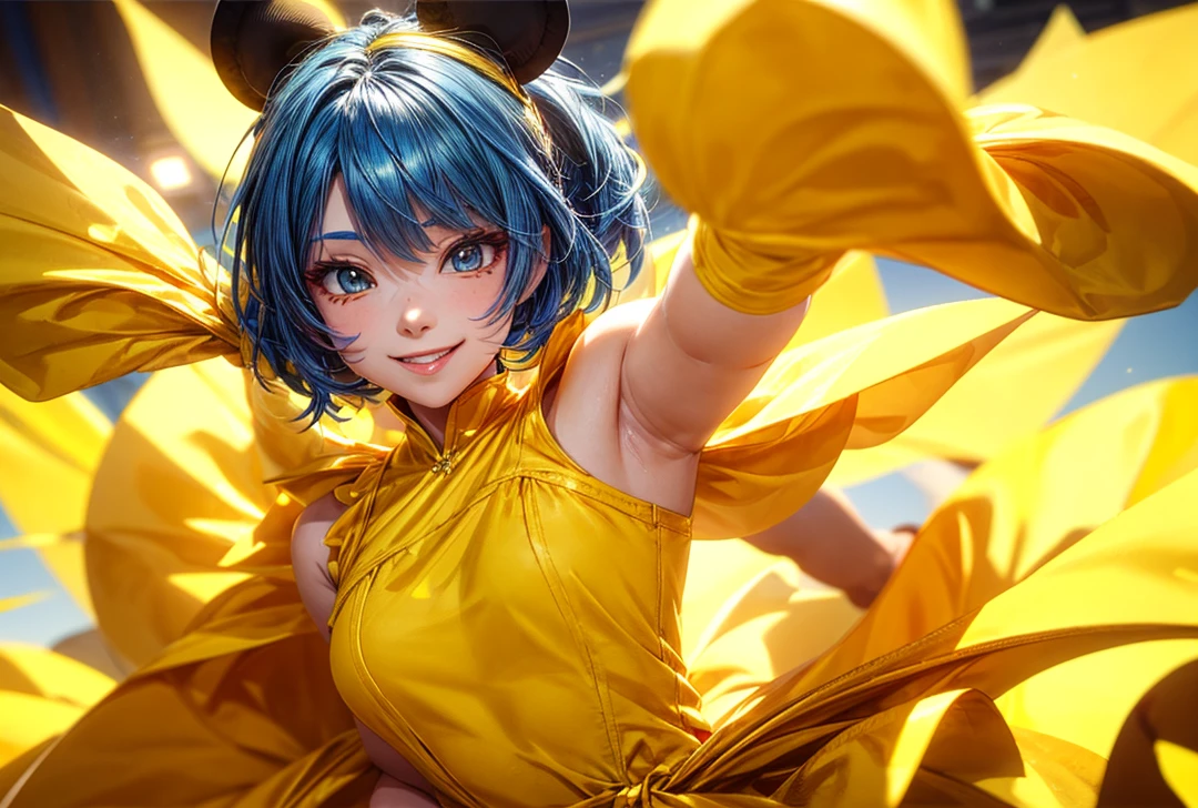 I want her with blue hair and a smile and yellow skin and also with a blue dress I want her with yellow skin and shine like a Disney 3D model I want you to get an idea with this image I sent I want it totally different 