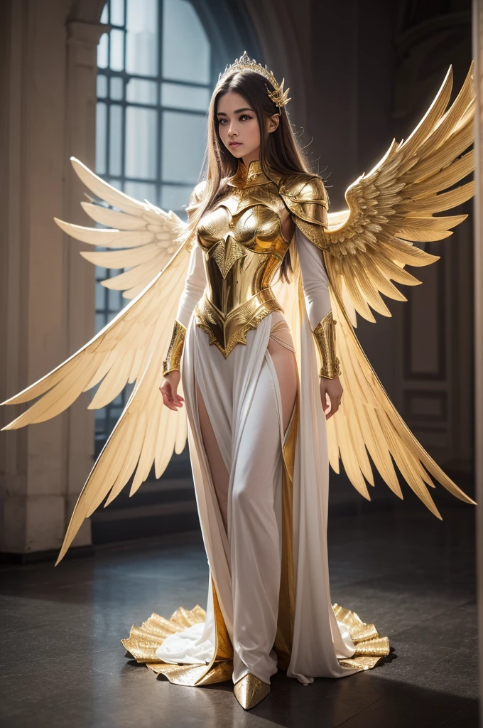 standing alone, whole body, an angel with beautiful clothes, flight, Diamant, gold and silver armor pieces, 8K, work of art, Beautiful picture, best qualityer, defined wings, Ablaze, ,Cool image, Supreme Beauty, cabelo dourado Ablaze