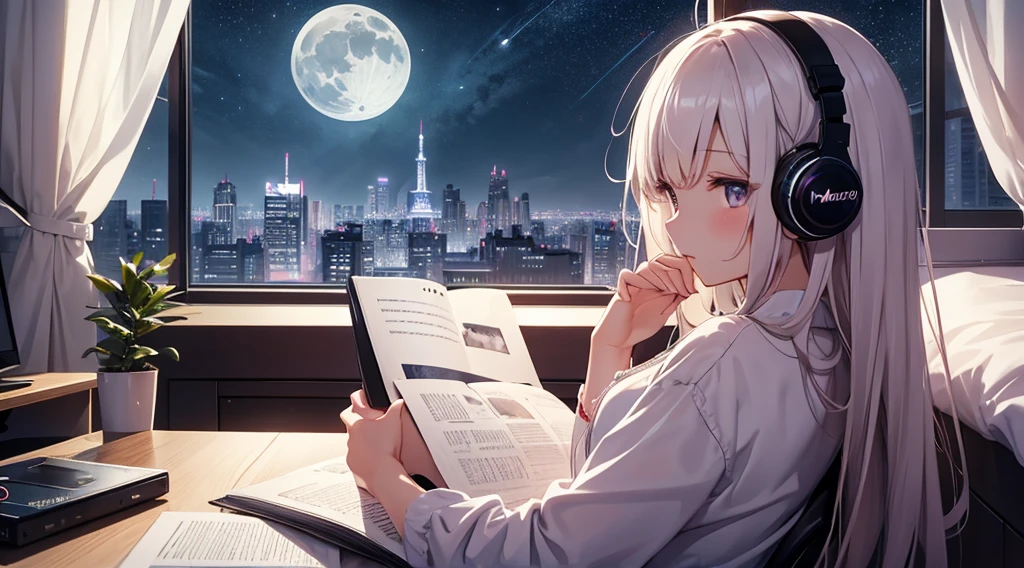 Late Night、moon、star、Girl studying in room、Listening to music through headphones、Skyscrapers outside the window、Calm、Healing