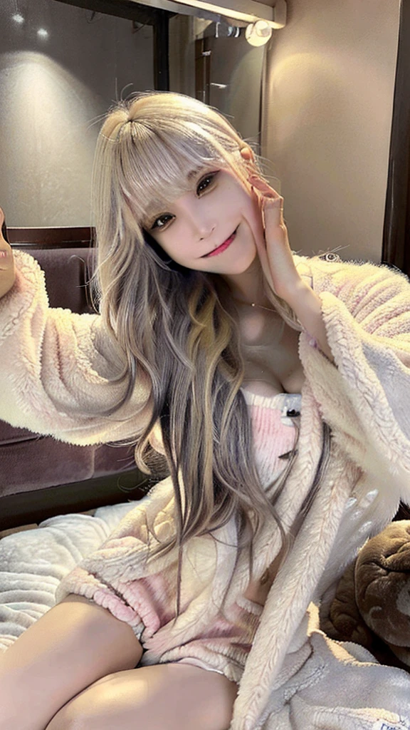 Wavy Hair、lipstick、Long eyelashes、Perfect Makeup、Big breasts、(Perfect Hair:1.2), (Blonde:1.3)、(Good lighting)、masterpiece, best quality, photo, japanese 22 years old high school girl, micro mini pleated skirt, shirt unbuttoned and open, nipples visible, not wearing bra, not wearing panties, lying on bed, viewer can see female genitalia and nipples, front, provocative smile on viewer's face, Full body figure, baby face, Bold Pose,