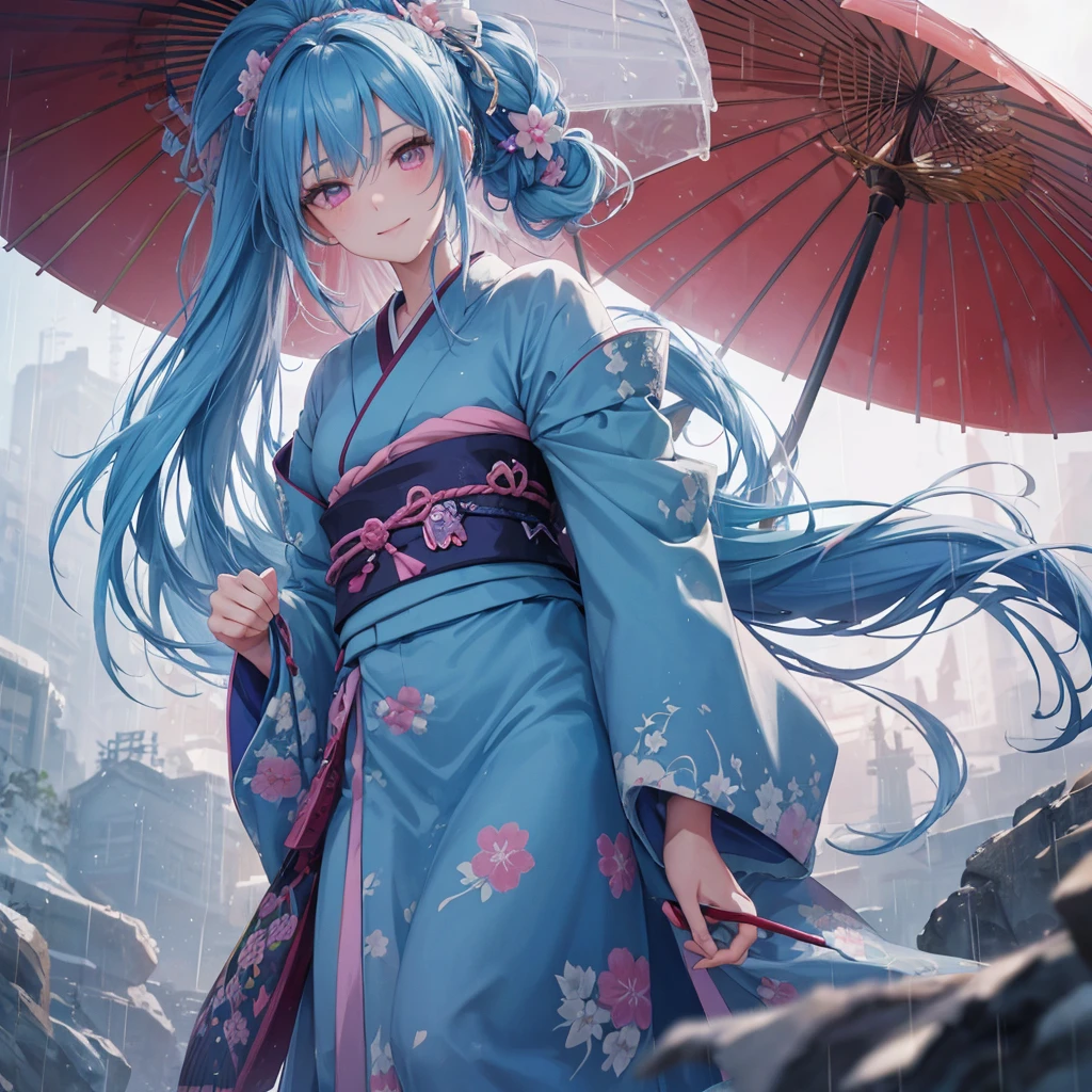 Sky blue hair, (Braided Ponytail),(Pink Eyes),Fair skin ,(whole body),(1 Girl),smile,Straight bangs,(masterpiece, Highest quality, Very detailed, Best Shadow), (Detailed Background), (Beautifully detailed face), High Contrast, (Best lighting, Very delicate and beautiful), ((Cinematic Light)), colorful, Hyper Detail, Dramatic Light, Intricate details,Rain showers,Kyoto,Japanese Umbrella,kimono,
