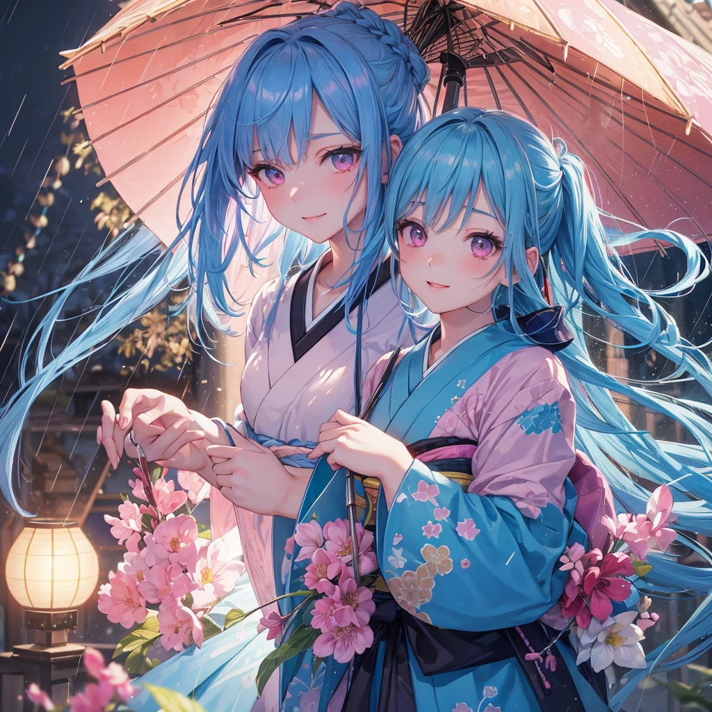 Sky blue hair, (Braided Ponytail),(Pink Eyes),Fair skin ,(whole body),(1 Girl),smile,Straight bangs,(masterpiece, Highest quality, Very detailed, Best Shadow), (Detailed Background), (Beautifully detailed face), High Contrast, (Best lighting, Very delicate and beautiful), ((Cinematic Light)), colorful, Hyper Detail, Dramatic Light, Intricate details,Rain showers,Kyoto,Japanese Umbrella,kimono,