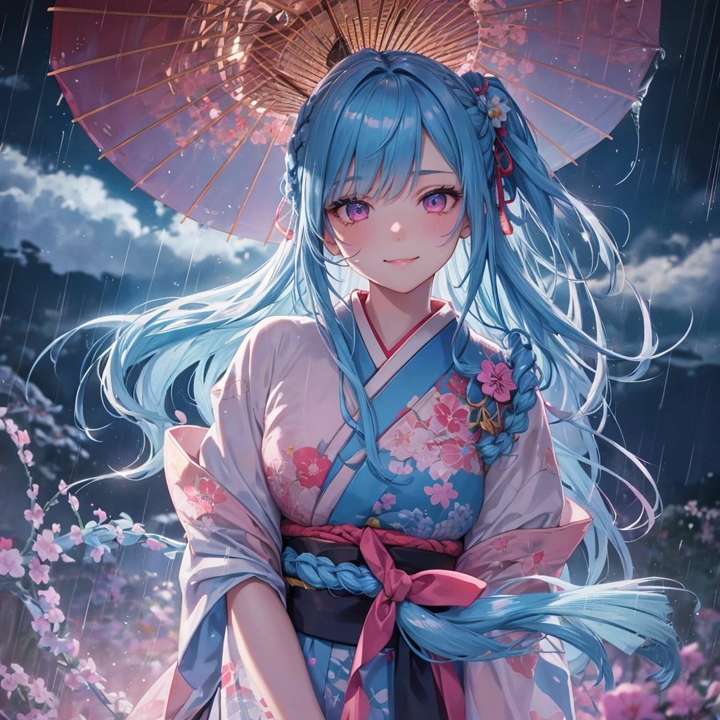 Sky blue hair, (Braided Ponytail),(Pink Eyes),Fair skin ,(whole body),(1 Girl),smile,Straight bangs,(masterpiece, Highest quality, Very detailed, Best Shadow), (Detailed Background), (Beautifully detailed face), High Contrast, (Best lighting, Very delicate and beautiful), ((Cinematic Light)), colorful, Hyper Detail, Dramatic Light, Intricate details,Rain showers,Kyoto,Japanese Umbrella,kimono,