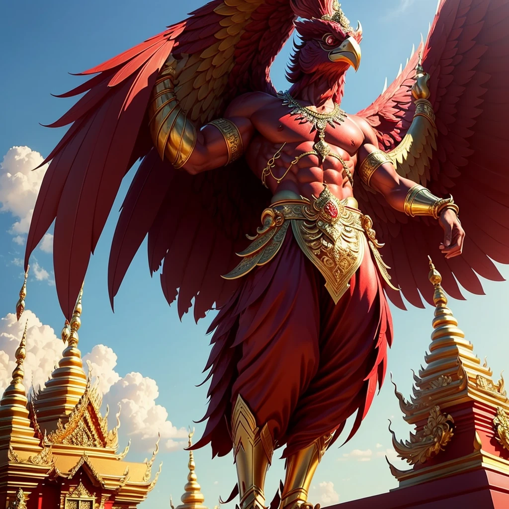 Garuda, a male anthropomorphic bird, has the appearance of a bird. The head and appearance are that of a bird. Has a bird's head, red feathers, red eye details, muscular body, best anatomy, red skin, red feathers on the body. Big red wings spread out. perfect wingspan Wear jewelry made from gold with Thai designs. Gold jewelry adorned with diamonds sits on the head of a red bird. Wear a gold chain on the left and right on the chest. Wear bright red pants, Thai silk with a Thai pattern and a gold waistband. Beautiful red cloth, ancient Thai cloth, holding a sword, hands and legs having the appearance of a complete bird. perfect hands, legs, feet Standing on the grass, looking straight, standing fully, body with the most refined skin. red skin body Maximum feather detail. Red feather. Maximum eye detail. Red eye.
Maximum anatomical detail Details, cloth, accessories, Thai warrior armor, ultimate weapon Masterpiece quality The most realistic picture Maximum realism and detail The best light The best quality of light and shade World-class studio photography Best close-up view Thai temple castle backdrop made of gold, onyx, emerald, diamond, the most perfect fantasy. The background is the sky, clouds, fog. Feeling natural and realistic