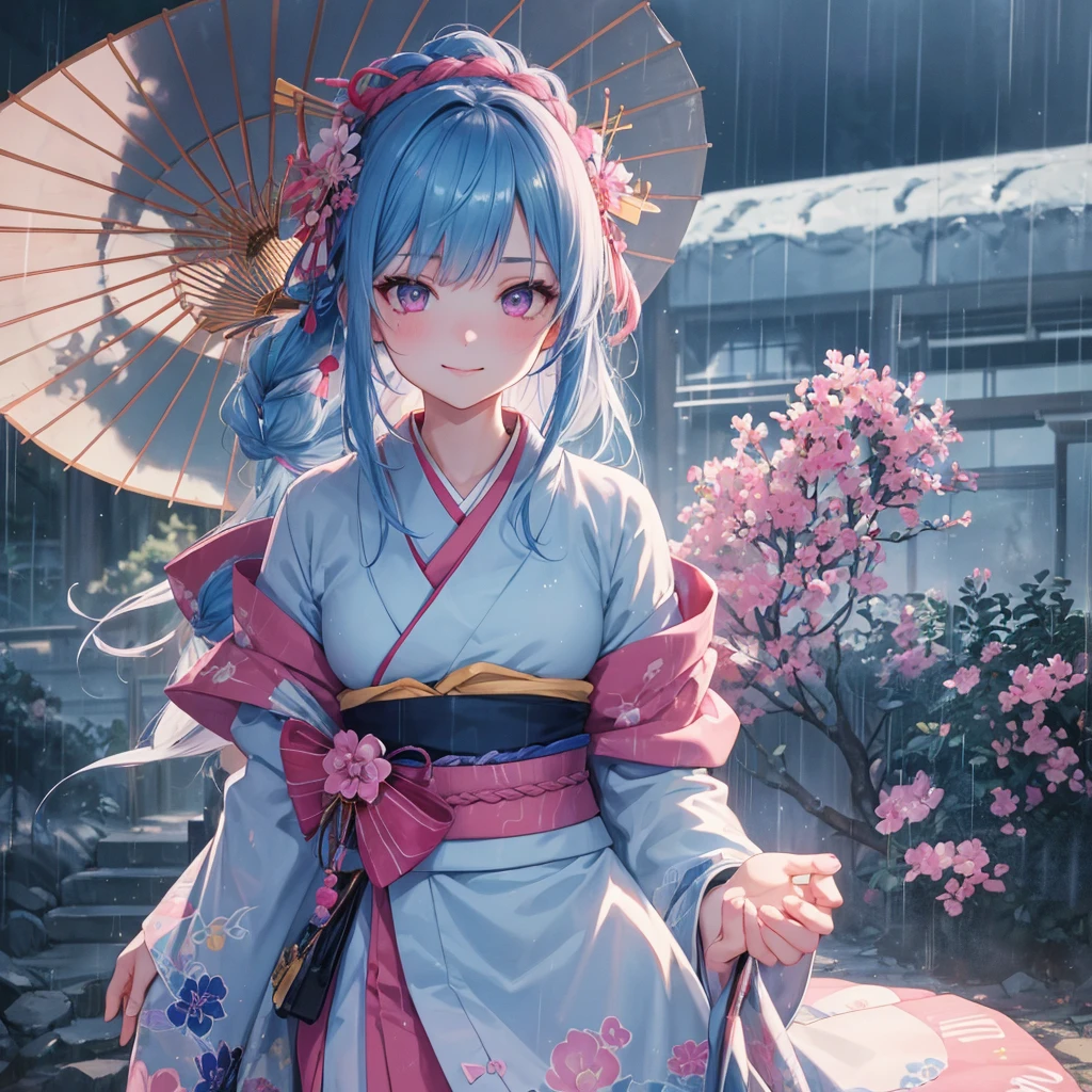 Sky blue hair, (Braided Ponytail),(Pink Eyes),Fair skin ,(whole body),(1 Girl),smile,Straight bangs,(masterpiece, Highest quality, Very detailed, Best Shadow), (Detailed Background), (Beautifully detailed face), High Contrast, (Best lighting, Very delicate and beautiful), ((Cinematic Light)), colorful, Hyper Detail, Dramatic Light, Intricate details,Rain showers,Kyoto,Japanese Umbrella,kimono,