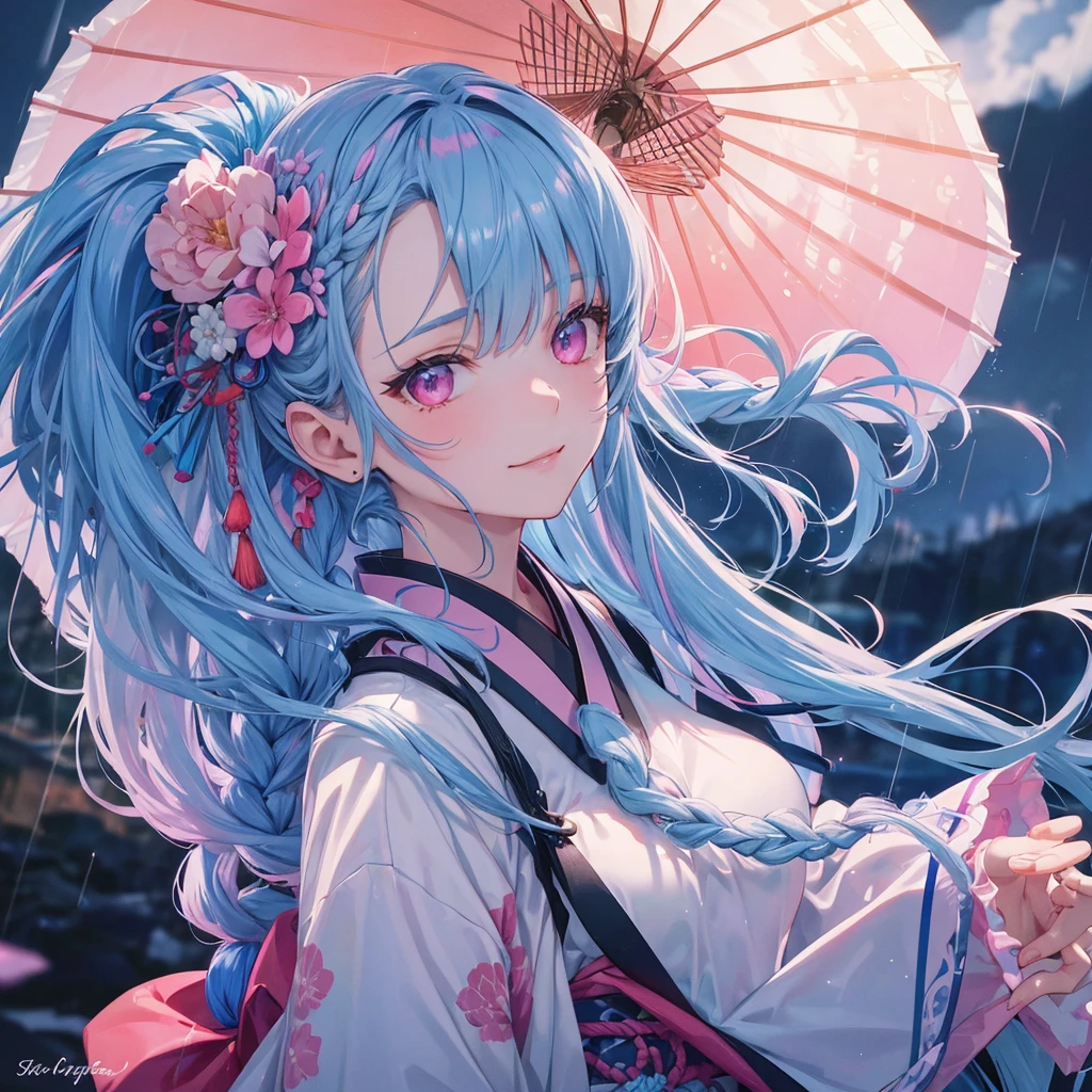 Sky blue hair, (Braided Ponytail),(Pink Eyes),Fair skin ,(whole body),(1 Girl),smile,Straight bangs,(masterpiece, Highest quality, Very detailed, Best Shadow), (Detailed Background), (Beautifully detailed face), High Contrast, (Best lighting, Very delicate and beautiful), ((Cinematic Light)), colorful, Hyper Detail, Dramatic Light, Intricate details,Rain showers,Kyoto,Japanese Umbrella,kimono,